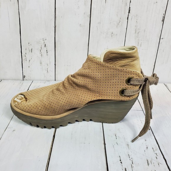 Fly London YEMA Oil Suede Open-toed Bootie Womens 6.5-7 (EU 37) Tan Ankle - Picture 3 of 13